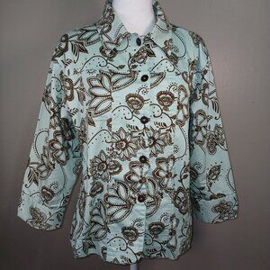 WOMEN'S MIRROR IMAGE SHACKET, 3\4 SLEEVE, MINT GREEN AND BROWN , SIZE LARGE